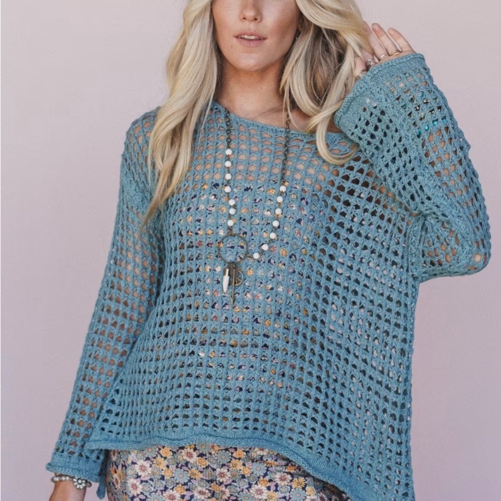 NWT Three Bird Nest Oceania Crochet Top Teal Small Boho Mesh Knit Sweater